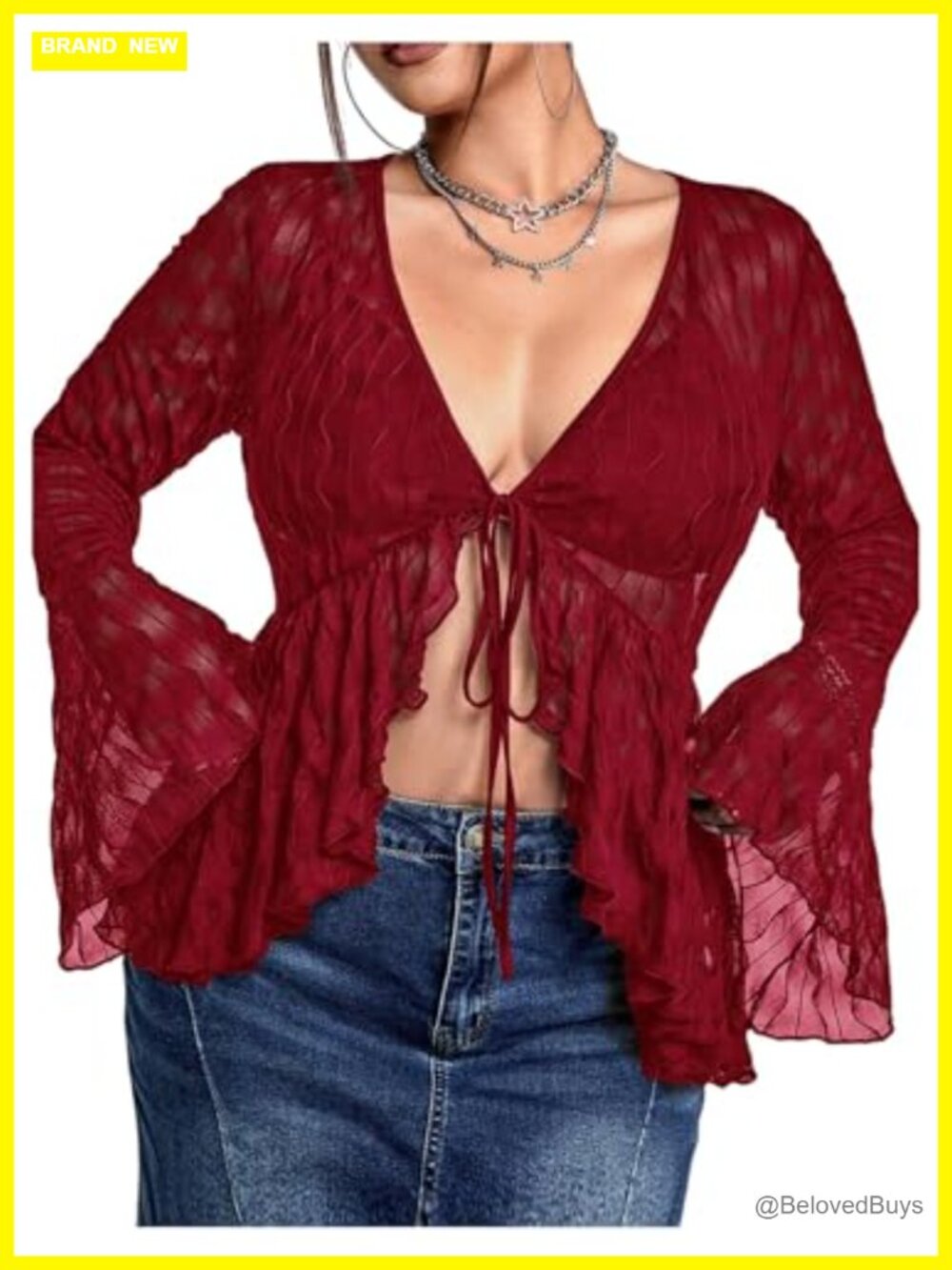 Plus Size Sheer Mesh Top Long Bell Sleeve Asymmetrical Hem Tee